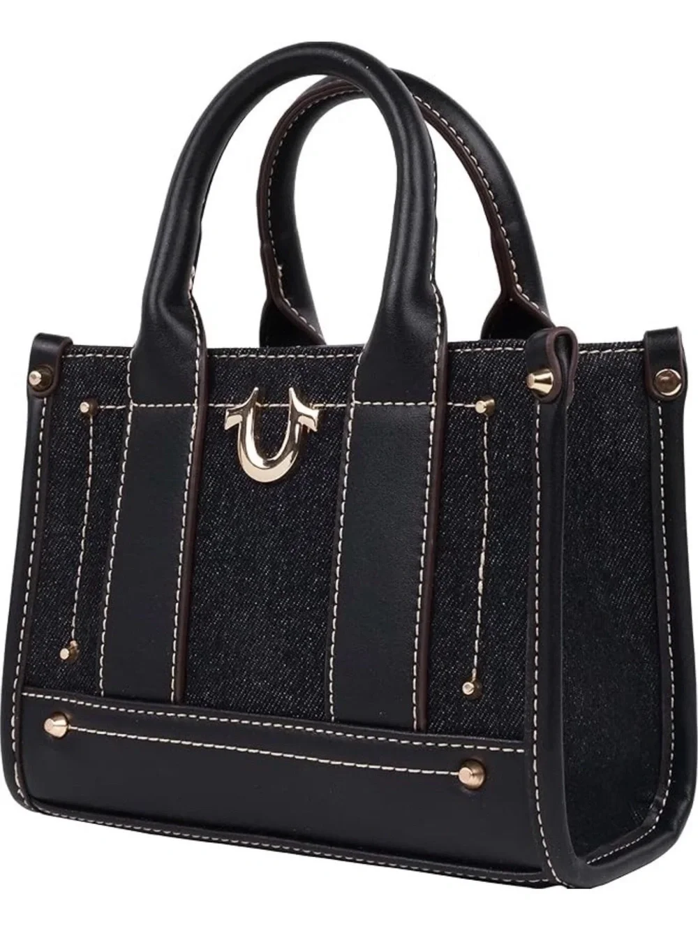 NWOT!  TRUE RELIGION Structured Black Denim Logo Crossbody Mini Tote